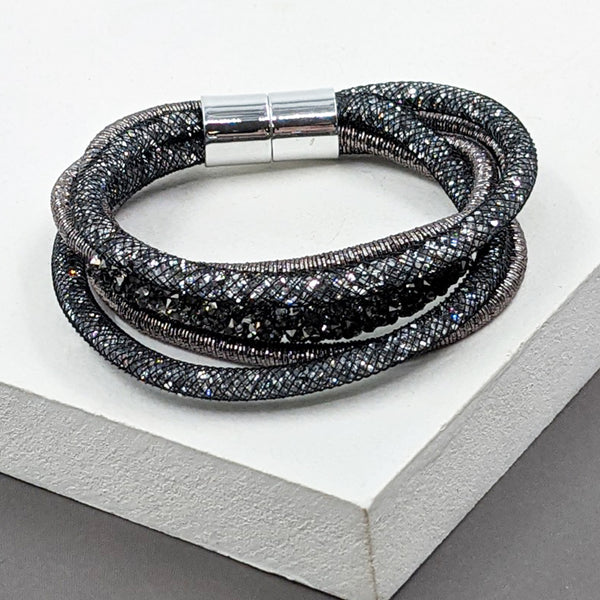 Multistrand fabric and crystal mesh bracelet with magnetic clasp