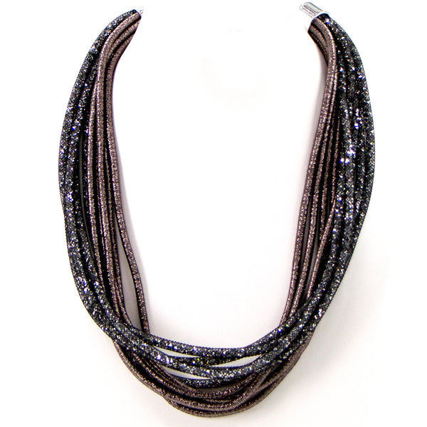 Multistrand fabric and crystal mesh necklace