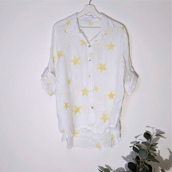 Linen shirt with metallic star print and mother of pearl buttons (S-M)