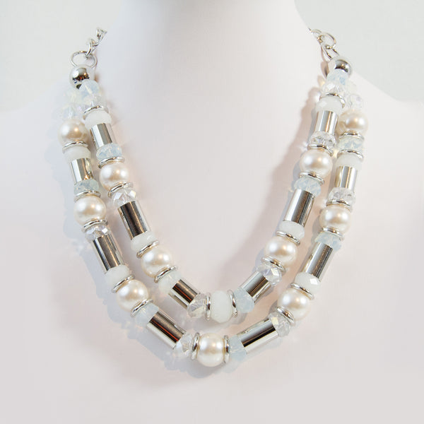 Double strand tube and cut glass statement necklace