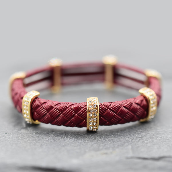 Plaited leather bracelet with crystal bar sections