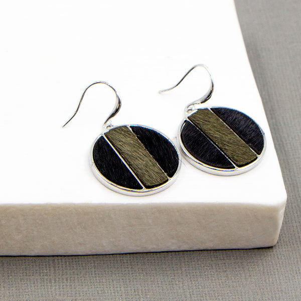Black and green horse hair section disc shaped earrings