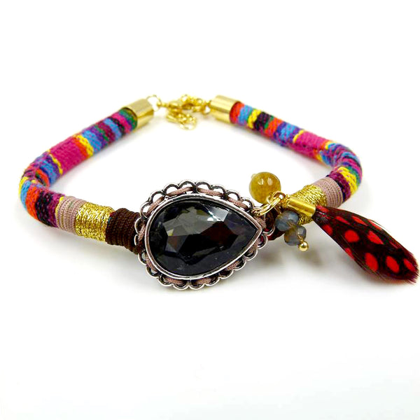 Multi coloured bracelet with teardrop crystal and feather