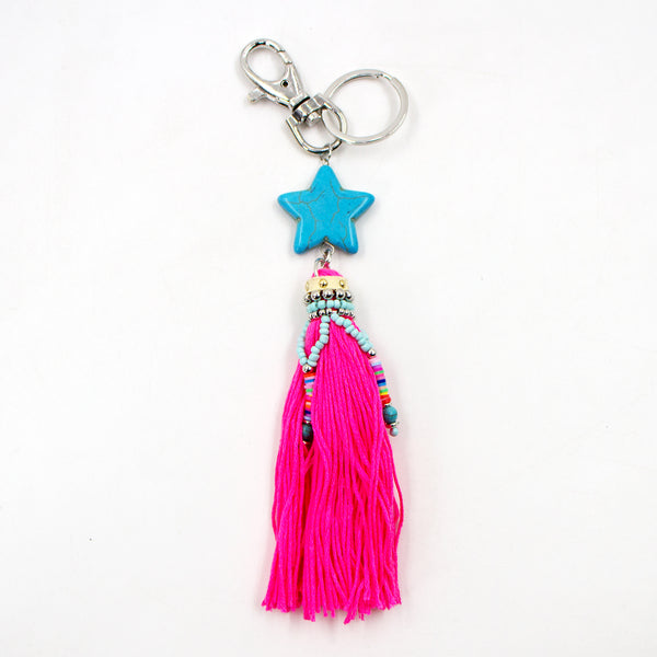 Turquoise star keyring with pink neon beaded tassel