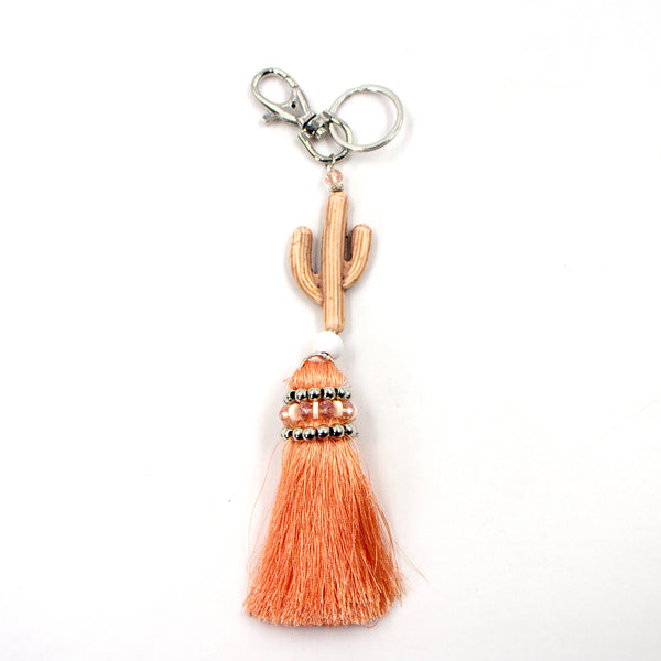 Soap stone cactus keyring with with peach beaded tassel