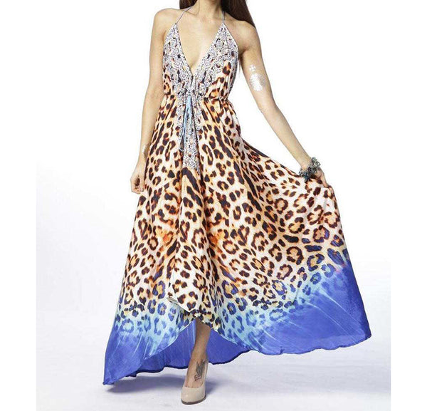Viscose silk mix hi-lo halter neck resort wear dress with leopard print and embellishment