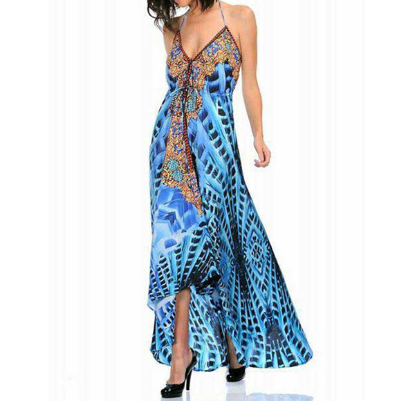 Viscose silk mix hi-lo halter neck resort wear dress  with embellishment (O/S)
