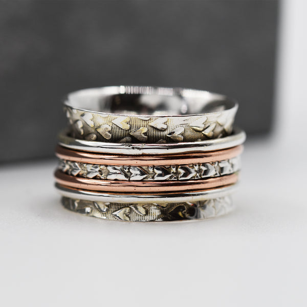 925 Spinning ring with copper spinner and heart background - Size 9