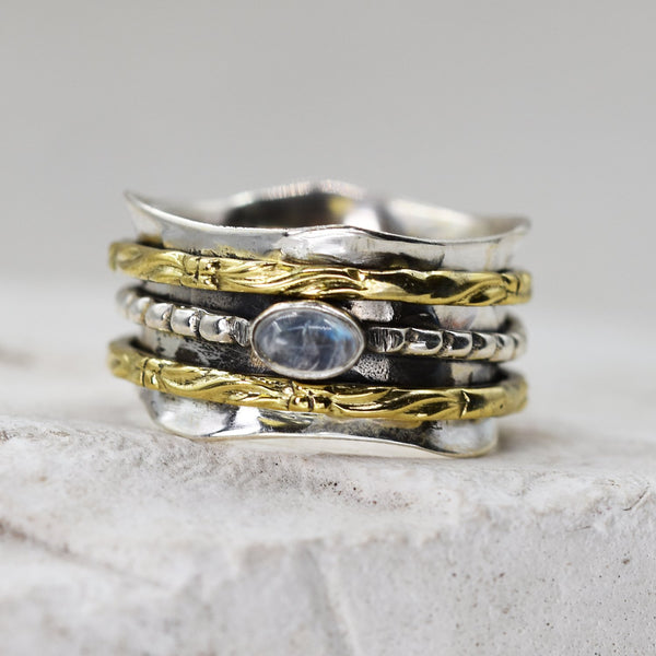 925 Spinning ring with gold band and moonstone - Size 11