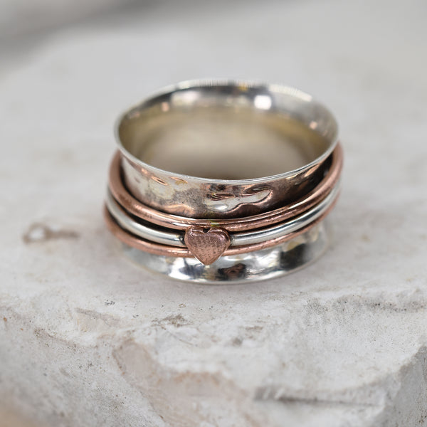 925 Spinning ring with rose gold heart and band - Size 10