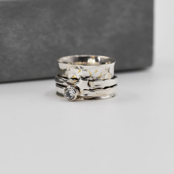 925 Spinning ring with silver star charm and CZ crystal spinning bands - Size 10