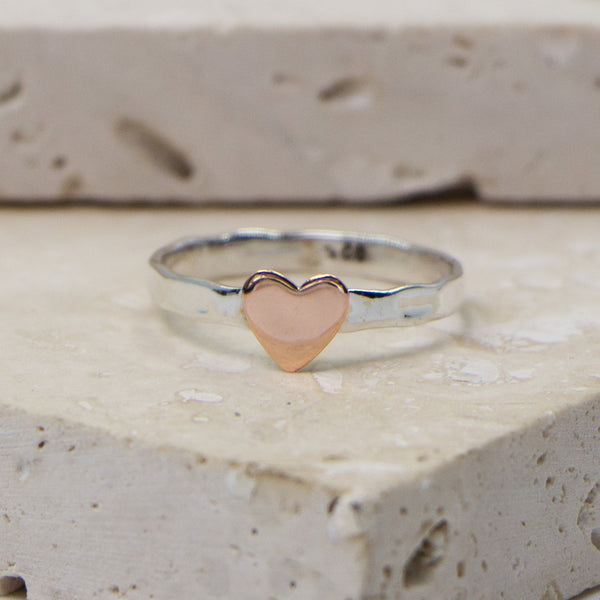 925 Silver soft hammered copper heart stacking ring - Size 5