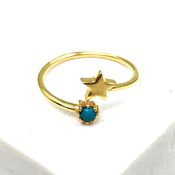 Open 925 gold plated silver ring with little star and turquoise