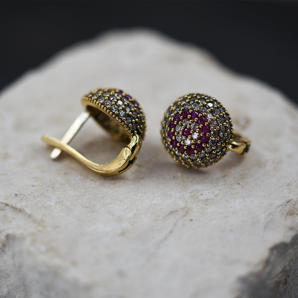 CZ clustered stud circle earrings with red stones