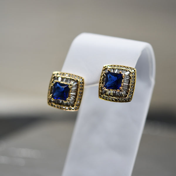 CZ clustered stud square earrings with blue stone center