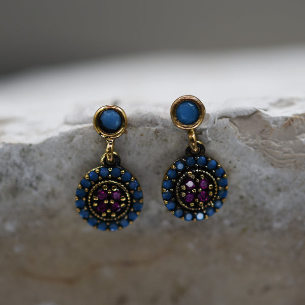 Circle shaped blue stone stud drop earrings
