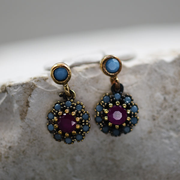 Petal shaped blue and purple stone stud drop earrings