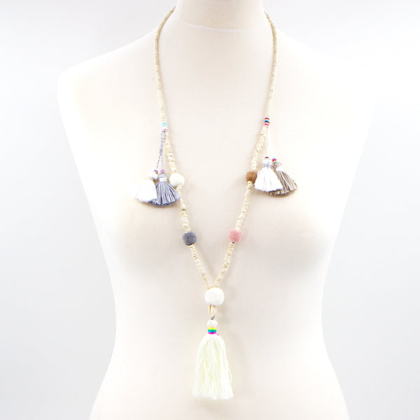Natural beaded pom pom and tassle long necklace