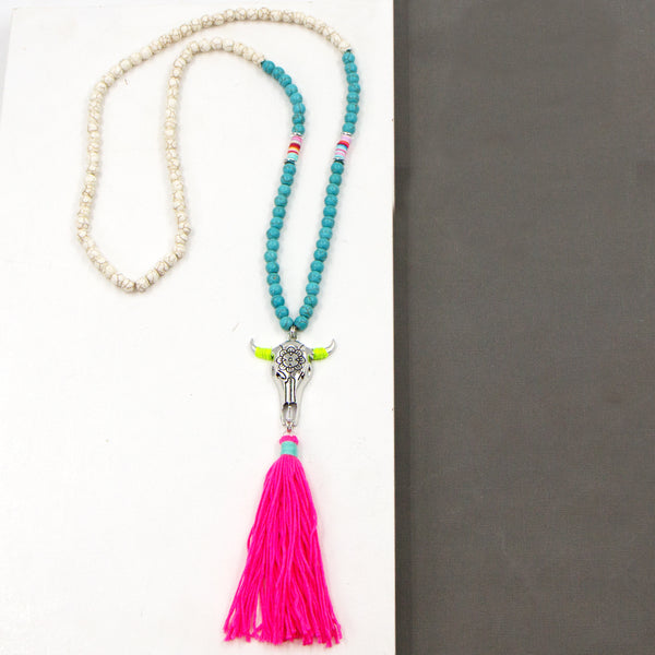 Long buffalo head pendant necklace with faux turquoise beads