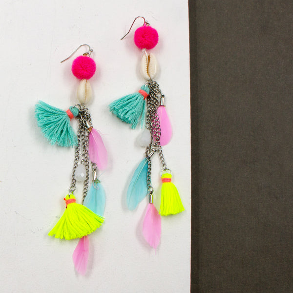 Multicolour pom pom and tassle dangle earring