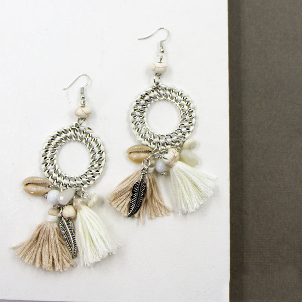 Natural hoop earrings with shell and tassel components