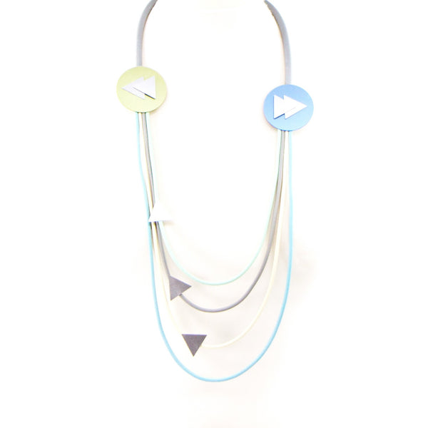Multistrand circle and triangle component long neoprene necklace