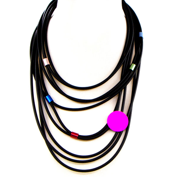 Multistrand neoprene necklace with multicoloured tube accents