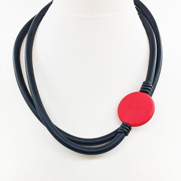 Double wear long or short simple neoprene necklace with red accent bead