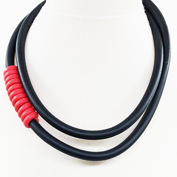 Double wear long or short simple neoprene necklace with red accent wrap section