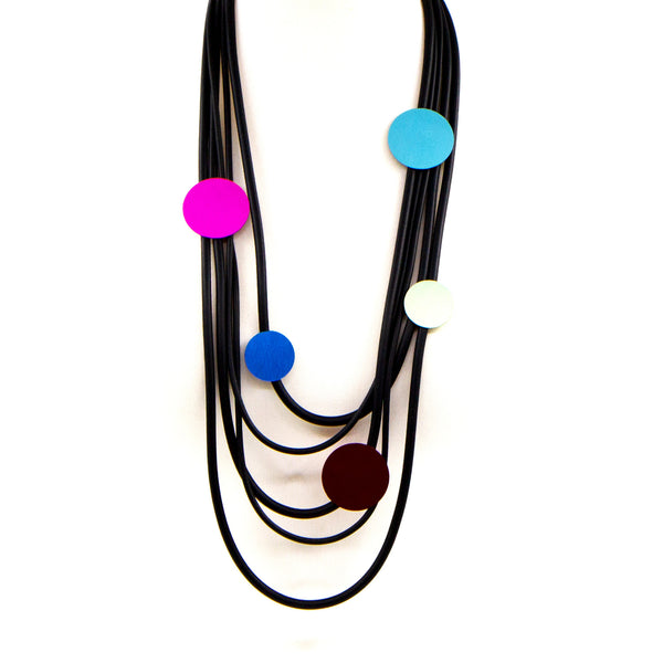 Multistrand neoprene necklace with multicoloured discs