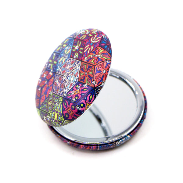Diamond cube crystal inlay multicoloured design round compact mirror