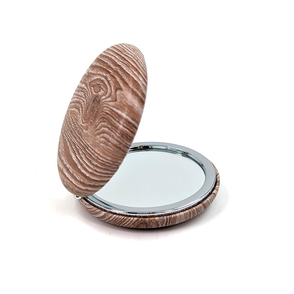 Wood grain effect print circular compact mirror