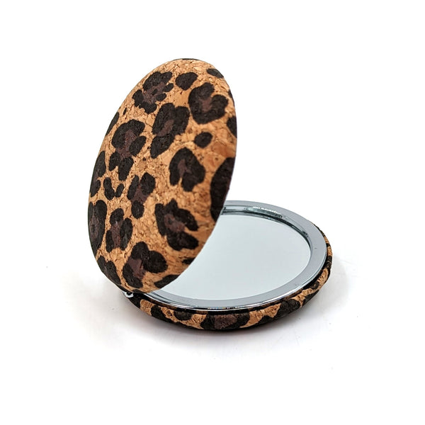 Leopard print on cork circular compact mirror
