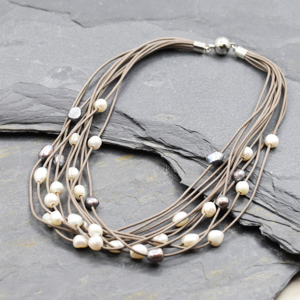 Taupe leather short multistrand necklace with real white and