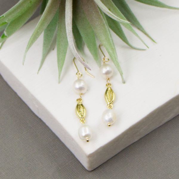 Cowrie shell drop earrings with real pearls