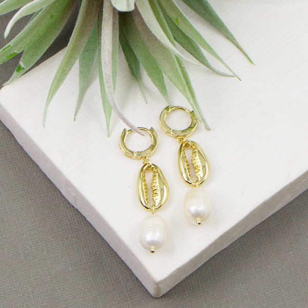 Cowrie shell drop earrings with real pearls