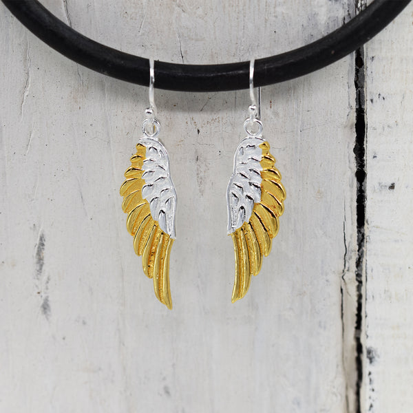 925 Silver angel wing drop earrings with gold plating