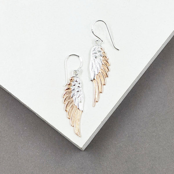 925 Silver angel wing drop earrings with rose gold plating