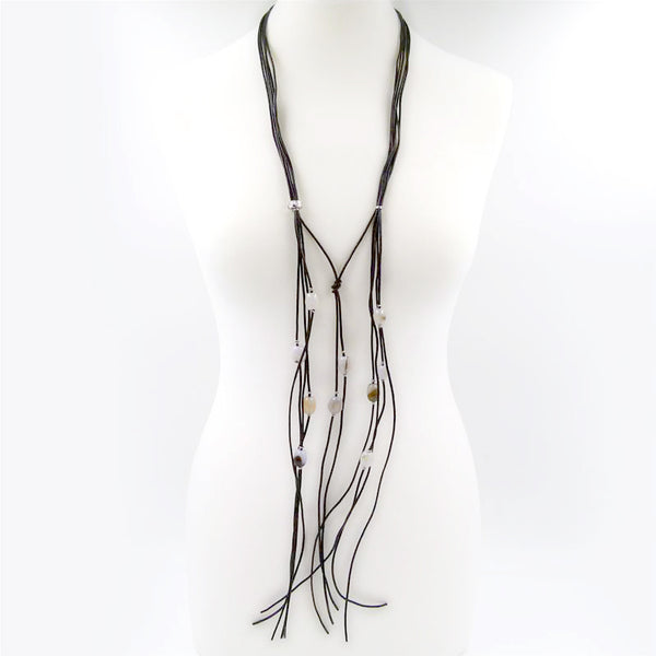 Delicate multi bead droppers on long leather necklace