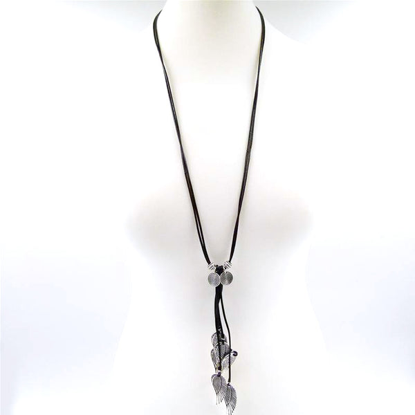 Multi leaf droppers on long leather necklace