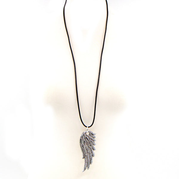Long angel wing motif necklace on leather