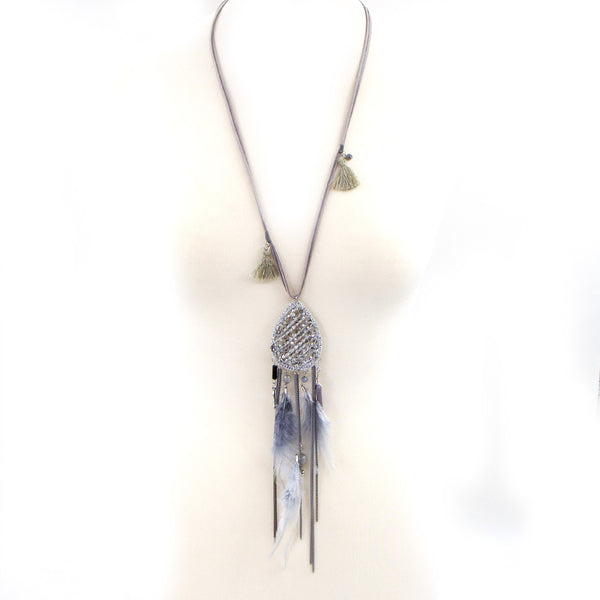 Y-shape boho necklace with feathers and beads on faux suede