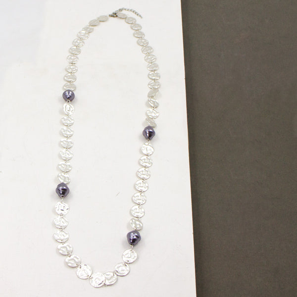 Long faux pearl and soft hammered disc statement necklace