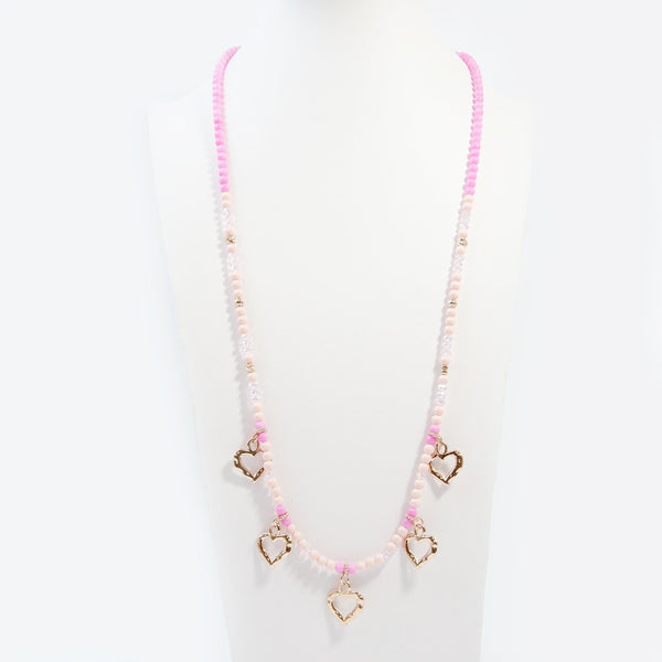 Pink bead necklace with rose gold hearts and cut glass