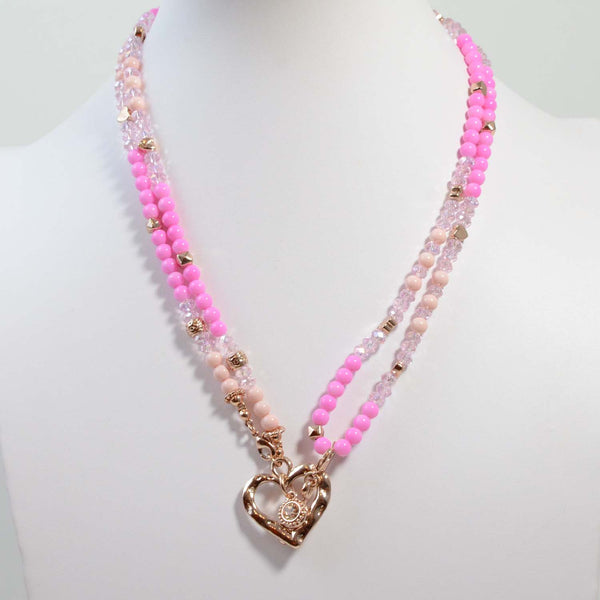 Multi-wear cut glass and bead necklace with t-bar heart