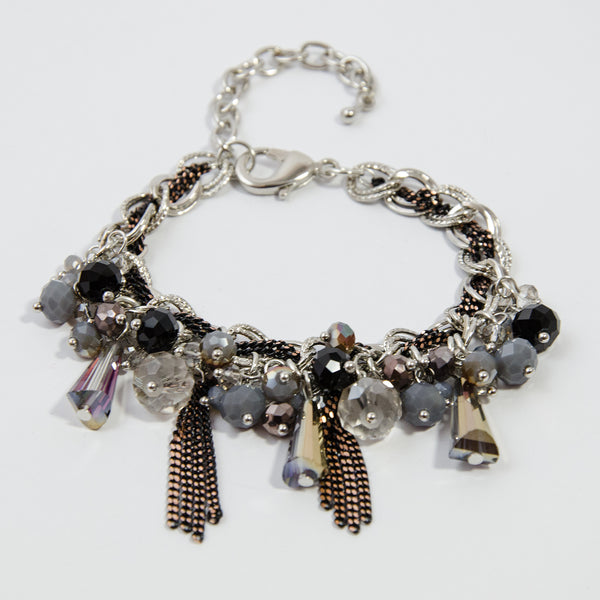 Cut glass cluster bracelet with hanging chains & cone beads