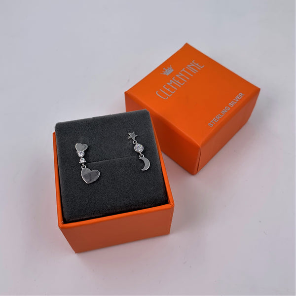Heart, star and moon stud earrings with cz drop