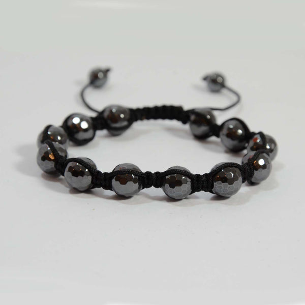 Gunmetal faceted cut glass beads on a pull string bracelet
