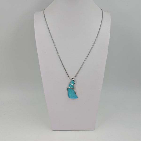 Long silver aqua iridescent necklace