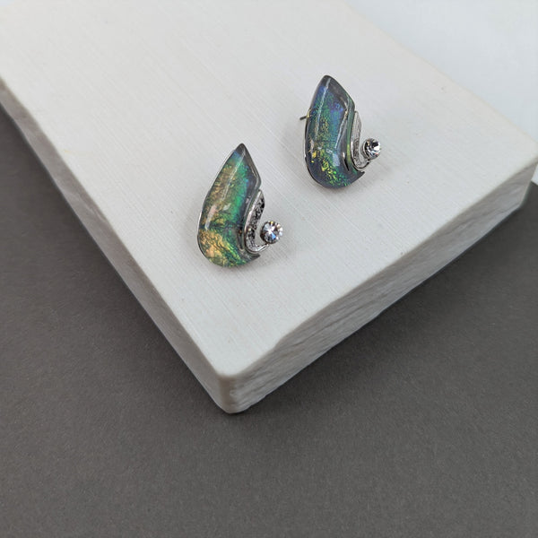 Iridescent irregular shape stud earrings with crystals
